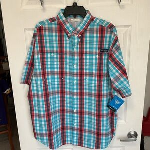 Columbia PFG Men's Casual Plaid Shirt - Red and Blue Sz L